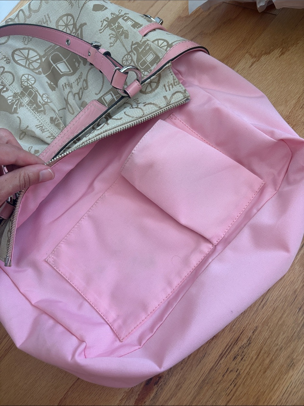 Coach Horse & Carriage Pleated Gallery Tote Pink Leather Khaki Y2K Shoulder Bag - Picture 14 of 17
